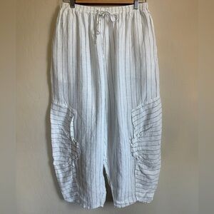 Cheyenne Linen Balloon Tapered Lagenlook White Striped Pants L XL
